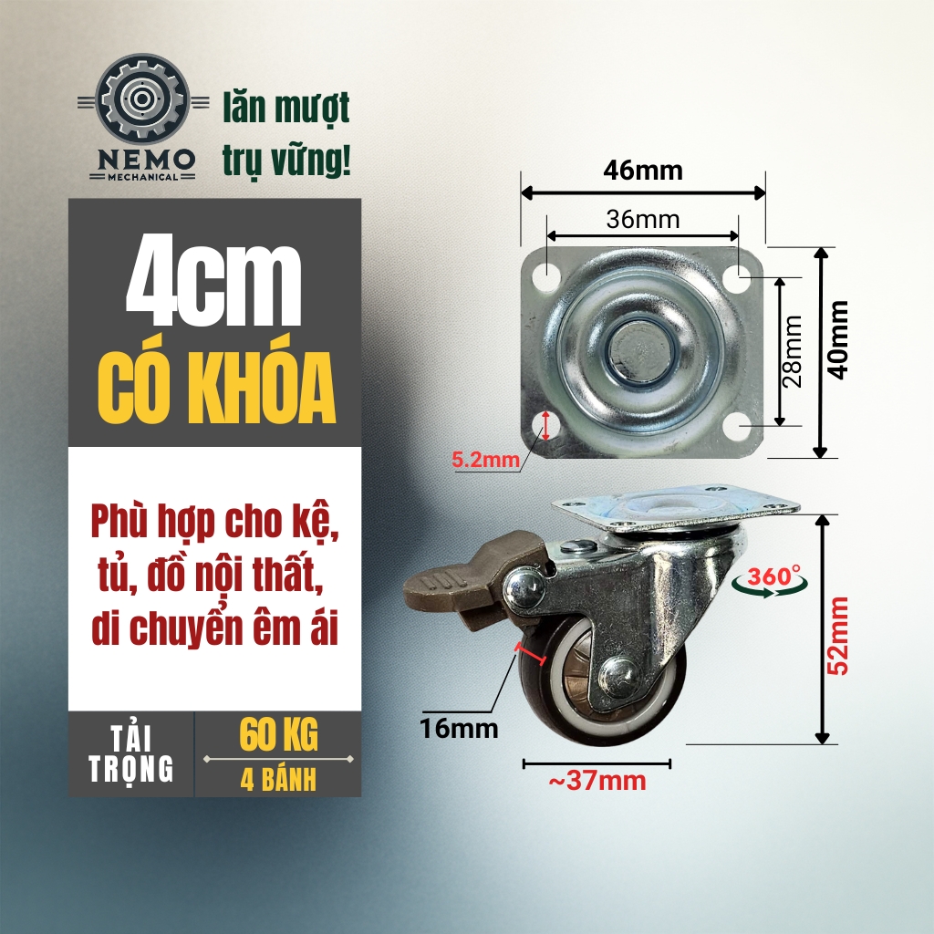 Bánh xe TPR nội thất, có ổ bi, gắn đồ nội thất, xe chòi chân trẻ em tải dưới 100kg